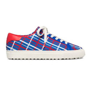 Tory Burch Blue Red Plaid Knit Jacquard Golf Sneakers Size 8.5